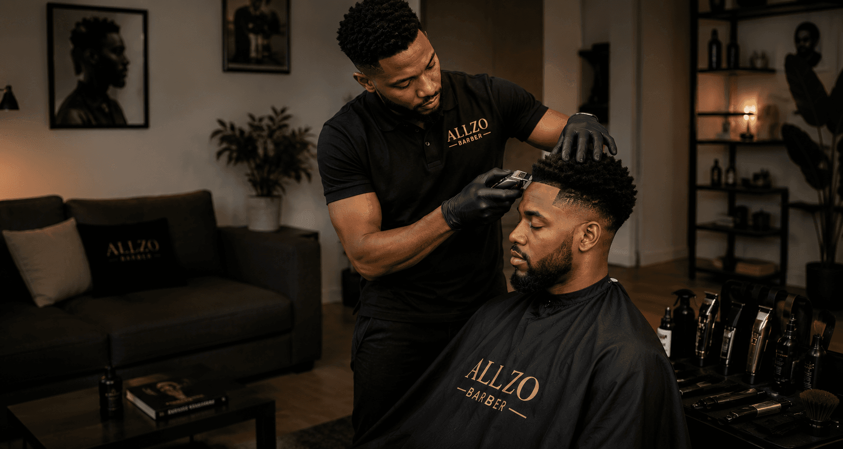 Barber giving a haircut at the Allzo Barber shop